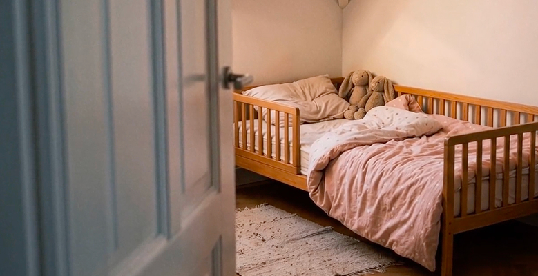 Kinderkamer met een ledikant, gezien door een deuropening